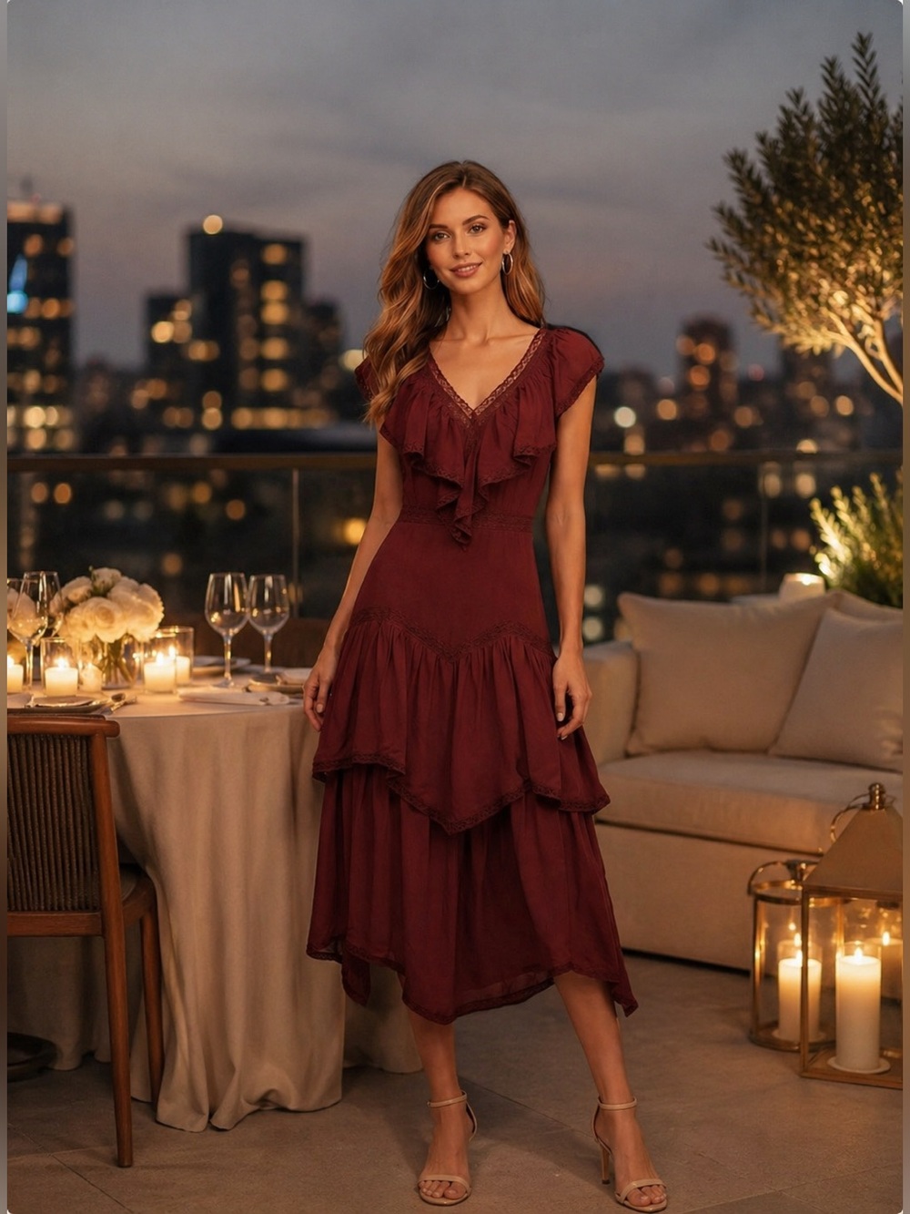 Anthropologie NWT XS Boho Tiered Ruffle Midi Dress Wine Red Lace Festival